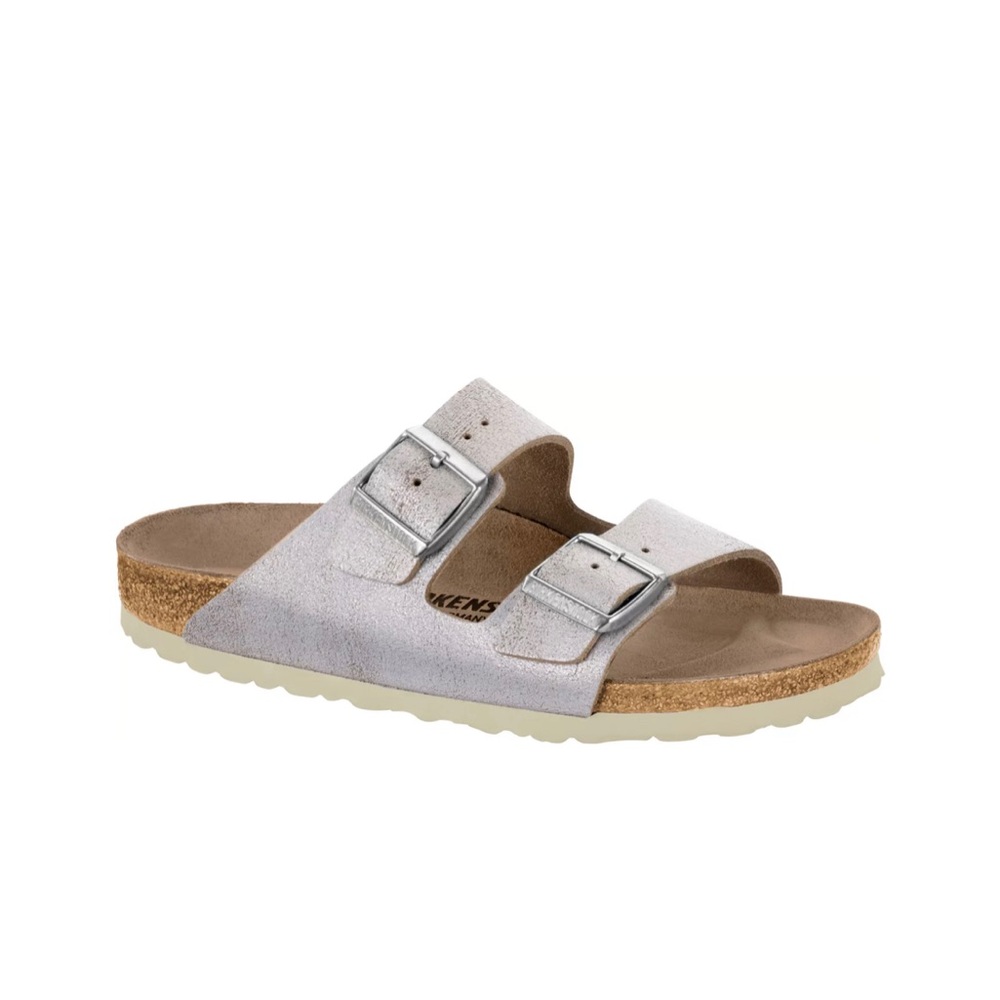Birkenstock washed metallic leather sandals two straps silver sold out blogger